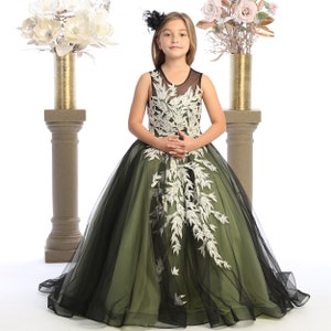 Beautiful sage green and black dress for girls with train and a buttoned back closure. image 2