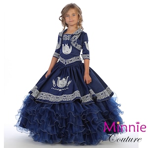 Vestido Charro Azul Marino con bordado plateado para niña imagen 1
