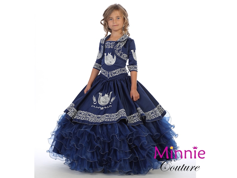 Vestido Charro Azul Marino con bordado plateado para niña imagen 1