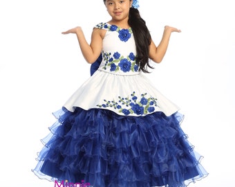 White and Blue Charro dress for girls with Royal blue roses and green leaves embellished with rhinestones and sequins