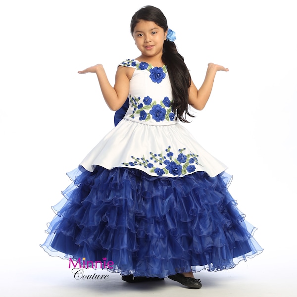 White and Blue Charro dress for girls with Royal blue roses and green leaves embellished with rhinestones and sequins