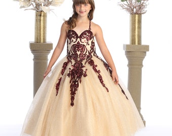 Champagne glitter dress with burgundy sequins for pageants and special events .