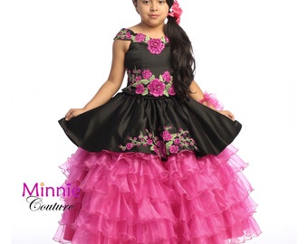 Black and Fuchsia charra dress for girls.  Traditional Mexican dress for parties