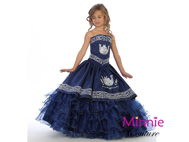 Vestido Charro Azul Marino con bordado plateado para niña imagen 2