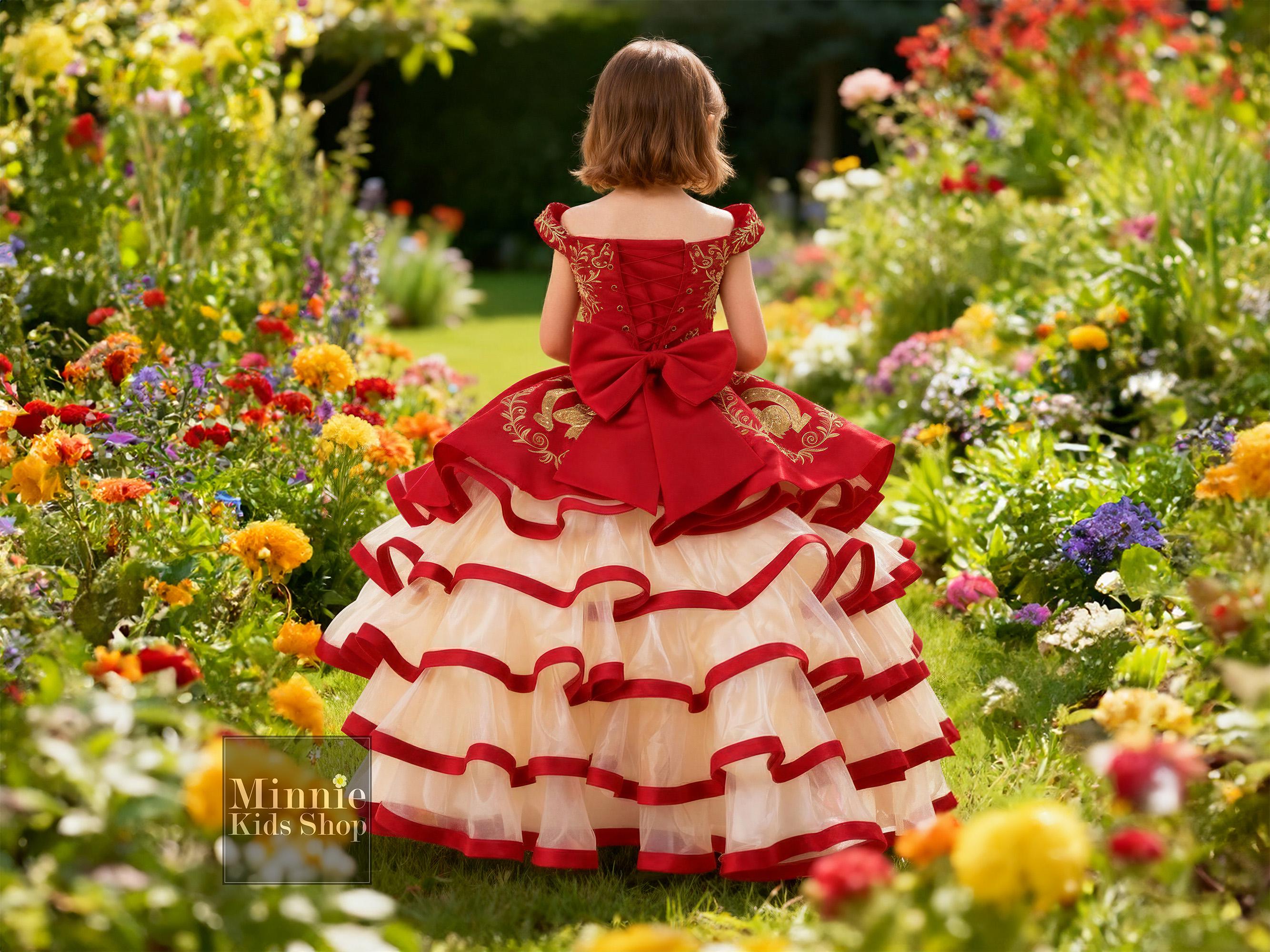 Red Charro dress for girls with gold embroidery embellished with rhinestones and a removable ruffles.