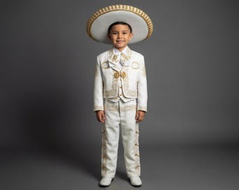 Boy's Ivory and Gold traditional Charro suit with a sombrero, virgen Guadalupe