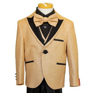 Boy's Gold glitter suit, shiny light gold champagne suit with black pants , matching vest, gold bow-tie, Black shirt, and the Gold jacket image 3