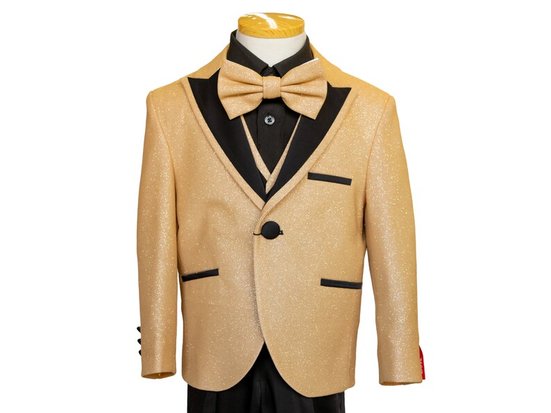 Boy's Gold glitter suit, shiny light gold champagne suit with black pants , matching vest, gold bow-tie, Black shirt, and the Gold jacket image 3