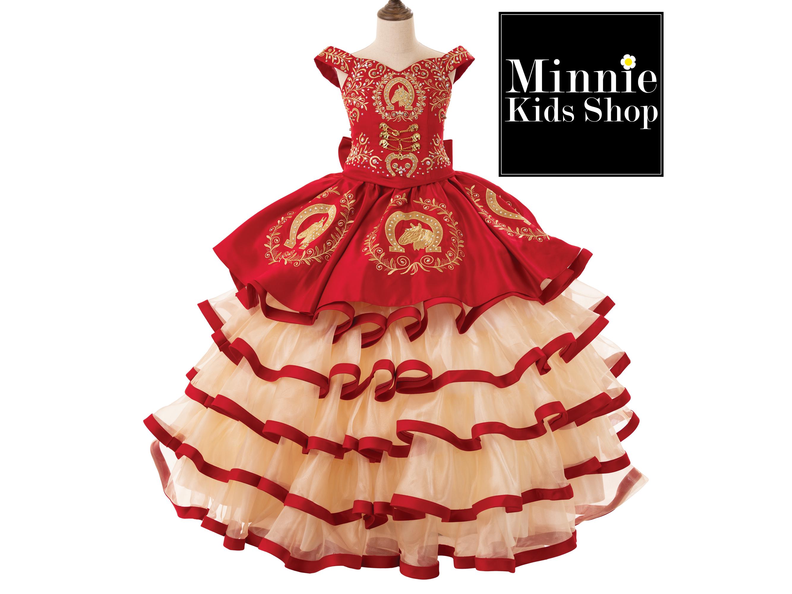Red Charro dress for girls with gold embroidery embellished with rhinestones and a removable ruffles. Red Charro dress for girls with gold embroidery embellished with rhinestones and a removable ruffles.