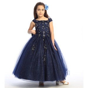 Navy Blue embroidered A line dress for girls with light glittered tulle.