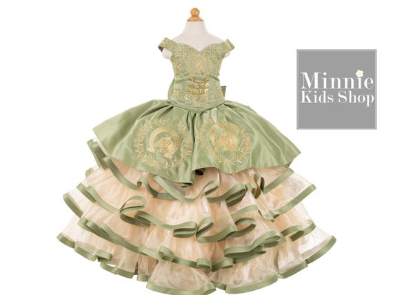 green emerald velvet dress Foil Printed Asymmetric Gown With Ruffled Detail In Sage Gold-Sage/Gold /  Regular / 0