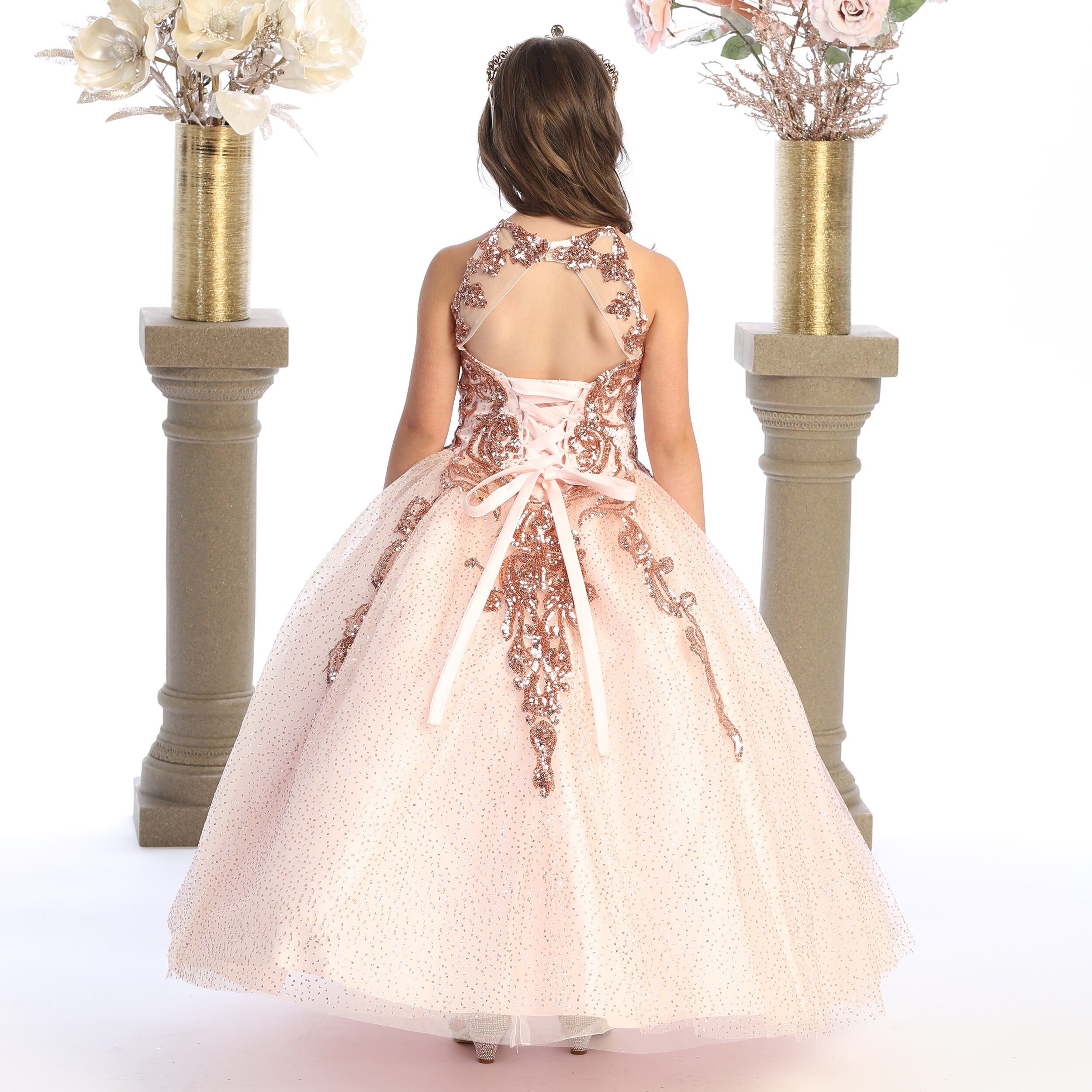 blush gold sequin dress SEV V-Back Sculpted Sequin Dress in Blush Gold