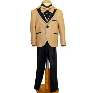 Boy's Gold glitter suit, shiny light gold champagne suit with black pants , matching vest, gold bow-tie, Black shirt, and the Gold jacket image 4