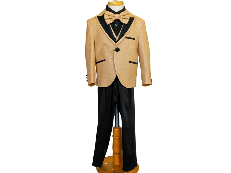 Boy's Gold glitter suit, shiny light gold champagne suit with black pants , matching vest, gold bow-tie, Black shirt, and the Gold jacket image 4