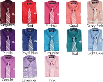 Boy's Long Sleeve Dress Shirt with Tie & Handkerchief - Various Colors