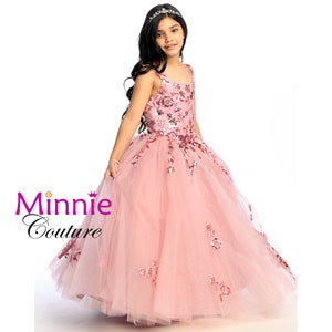 Dusty rose ball-gown for girls with embellished sequins and beads.  Simple yet elegant with multiple tulle layers