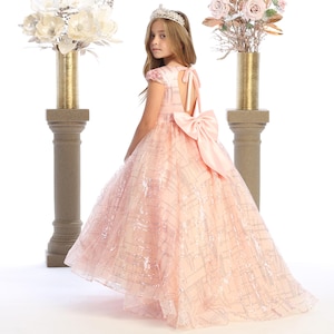 Blush glitter dress with blush sequins for pageants and special events .