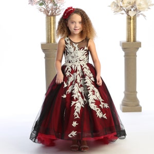 Beautiful burgundy and black dress for girls with train and a buttoned back closure. image 2