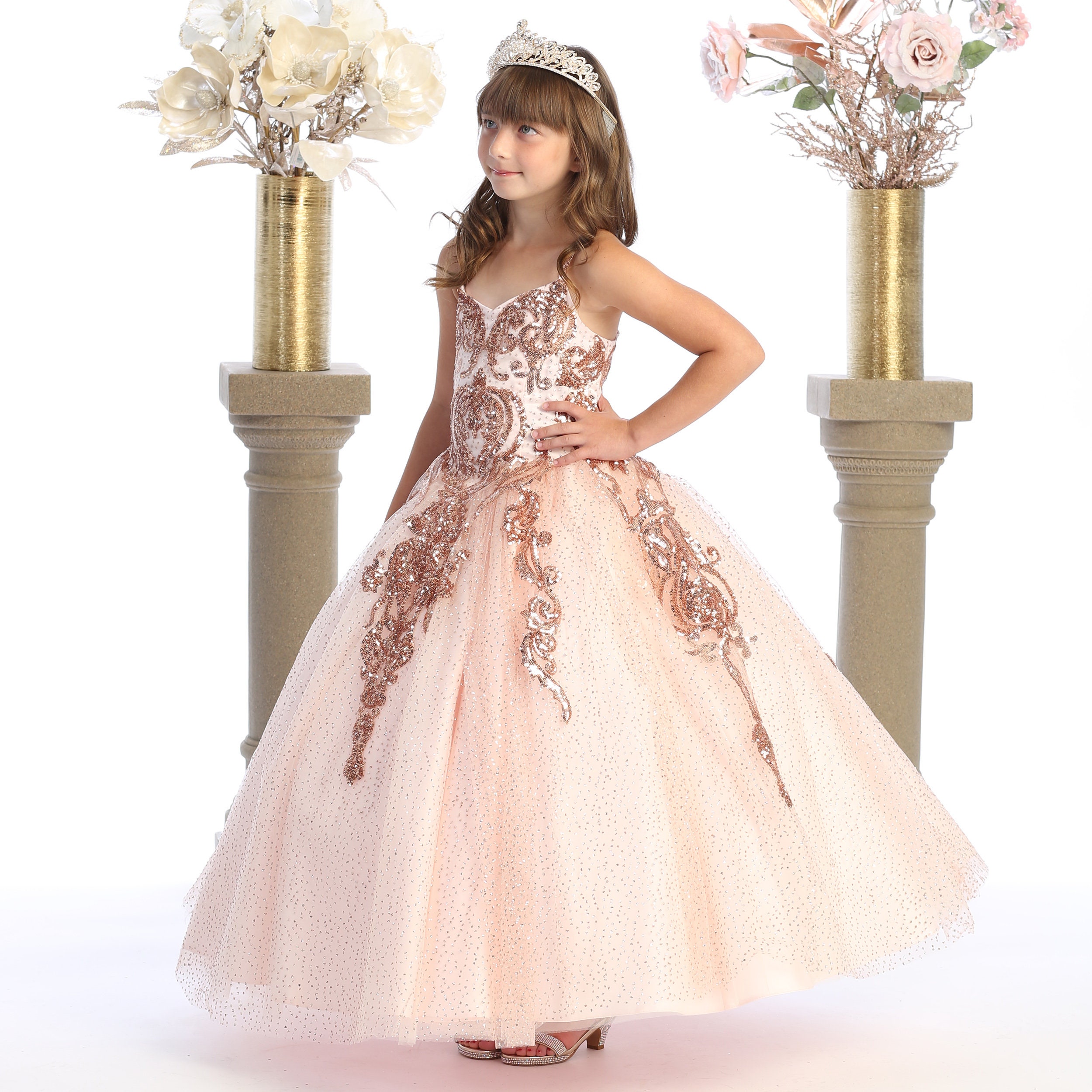 Blush glitter dress with gold rose sequins for pageants and special events