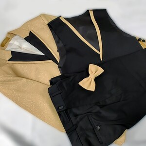 Boy's Gold glitter suit, shiny light gold champagne suit with black pants , matching vest, gold bow-tie, Black shirt, and the Gold jacket image 6