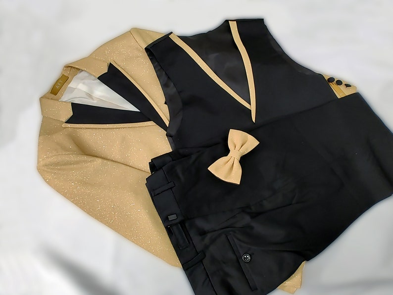 Boy's Gold glitter suit, shiny light gold champagne suit with black pants , matching vest, gold bow-tie, Black shirt, and the Gold jacket image 6