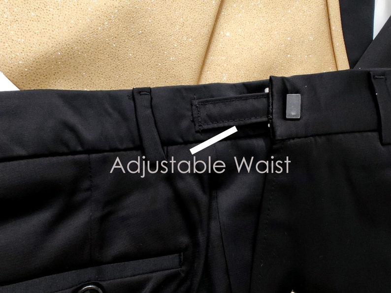 Boy's Gold glitter suit, shiny light gold champagne suit with black pants , matching vest, gold bow-tie, Black shirt, and the Gold jacket image 7