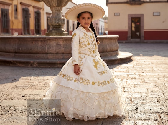 Ivory and Gold Charro dress with 2 horses silver embroidery for girls