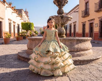 green with gold quinceanera dresses Olive Quinceaera Dress with Satin Bow and Bubble-Hem Skirt L / Green