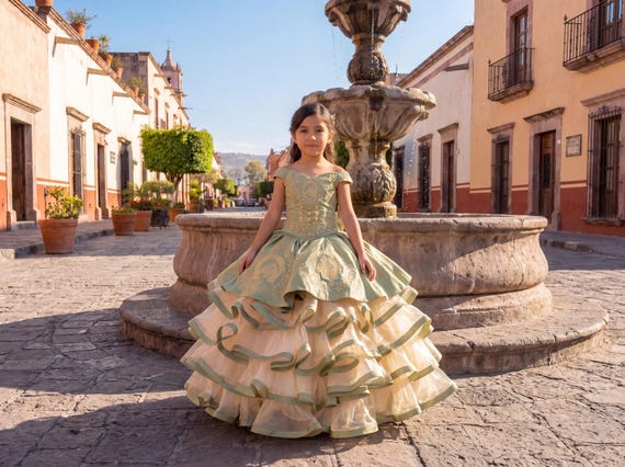 sage green and gold dress Charro Dress: Rhinestone Embroidery, Removable Ruffles Concerts Collection