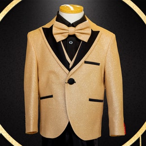 Boy&#39;s Gold glitter suit, shiny light gold (champagne) suit with black pants , matching vest, gold bow-tie, Black shirt, and the Gold jacket