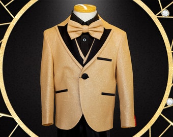 Boy's Gold glitter suit, shiny light gold (champagne) suit with black pants , matching vest, gold bow-tie, Black shirt, and the Gold jacket