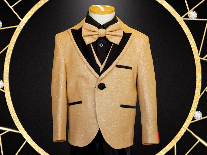 Boy's Gold glitter suit, shiny light gold champagne suit with black pants , matching vest, gold bow-tie, Black shirt, and the Gold jacket image 1