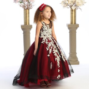 Beautiful burgundy and black dress for girls with train and a buttoned back closure. image 3