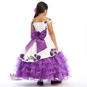 White and Purple Charro dress for girls with purple roses and green leaves embellished with rhinestones and sequins image 2