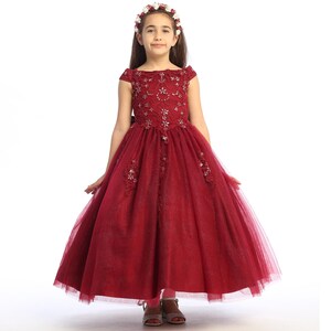 Burgundy embroidered A line dress for girls with light glittered tulle.