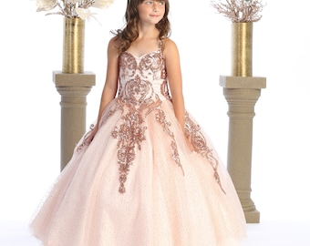 Blush glitter dress with gold rose sequins for pageants and special events .