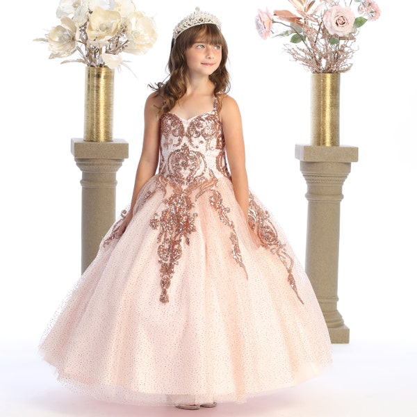 Blush glitter dress with gold rose sequins for pageants and special events .