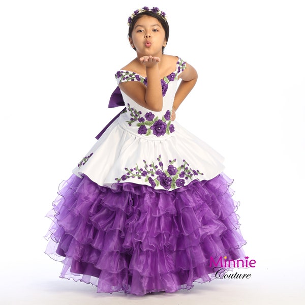 White and Purple Charro dress for girls with purple roses and green leaves embellished with rhinestones and sequins