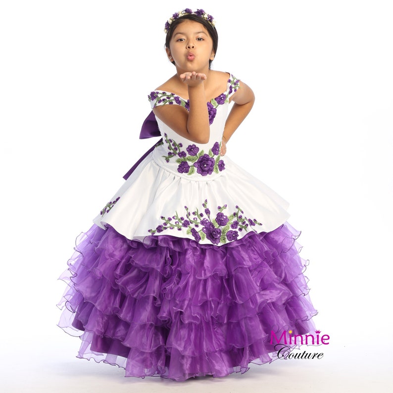 White and Purple Charro dress for girls with purple roses and green leaves embellished with rhinestones and sequins image 1