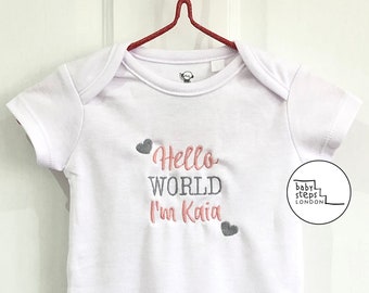 Personalised Hello World Baby Girl Embroidered Design Bodysuit Onesie Vest Custom Clothes: Baby Shower | Newborn Birthday | Christening Gift