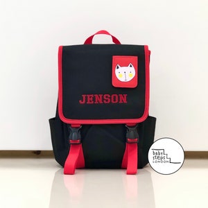 Embroidered Personalised Black & Red Mini Dog Backpack | Children Kids Toddler Pre-School Nursery Bag | Boy Girl Rucksack | Custom Name Gift