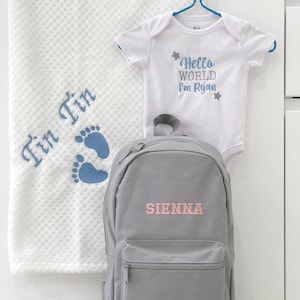 3-ITEMS Embroidered Personalised Blanket Bodysuit & Mini Backpack Set | Custom Name Design | Baby Shower Newborn Birthday Children Kids Gift