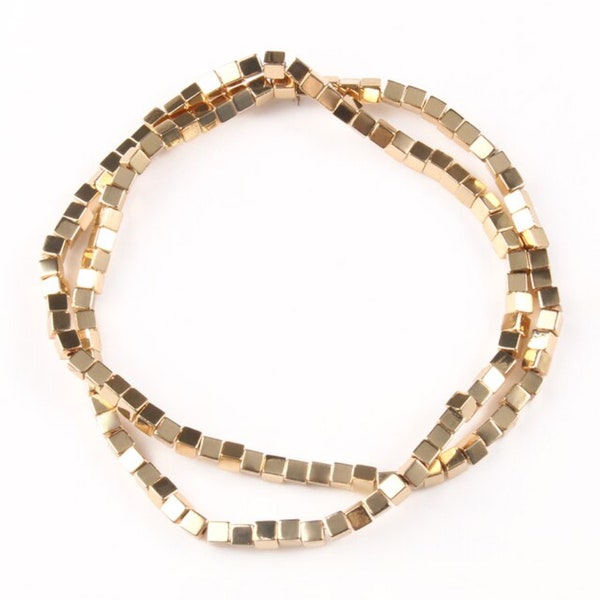 Plated Hematite Cube Beads, 14K Gold - Polished and Matte, 2 3 4 mm, Wholesale DIY Bracelet Jewelry Supplies