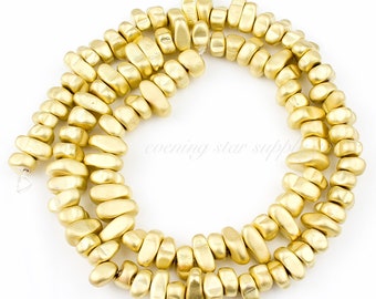 Matte Gold Gravel Hematite Beads, 14K Matte Gold Metallic Irregular Pebble Stones, 15” Strand, Wholesale DIY Bracelet Jewelry Supplies