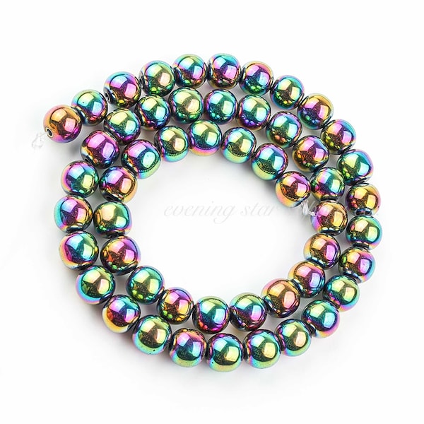 Gemstone Beads Round Ball Shiny Rainbow Plated Hematite Wholesale DIY Jewelry Making Supply Spacer Bracelet Necklace Mala 2, 3, 4, 6, 8 10mm