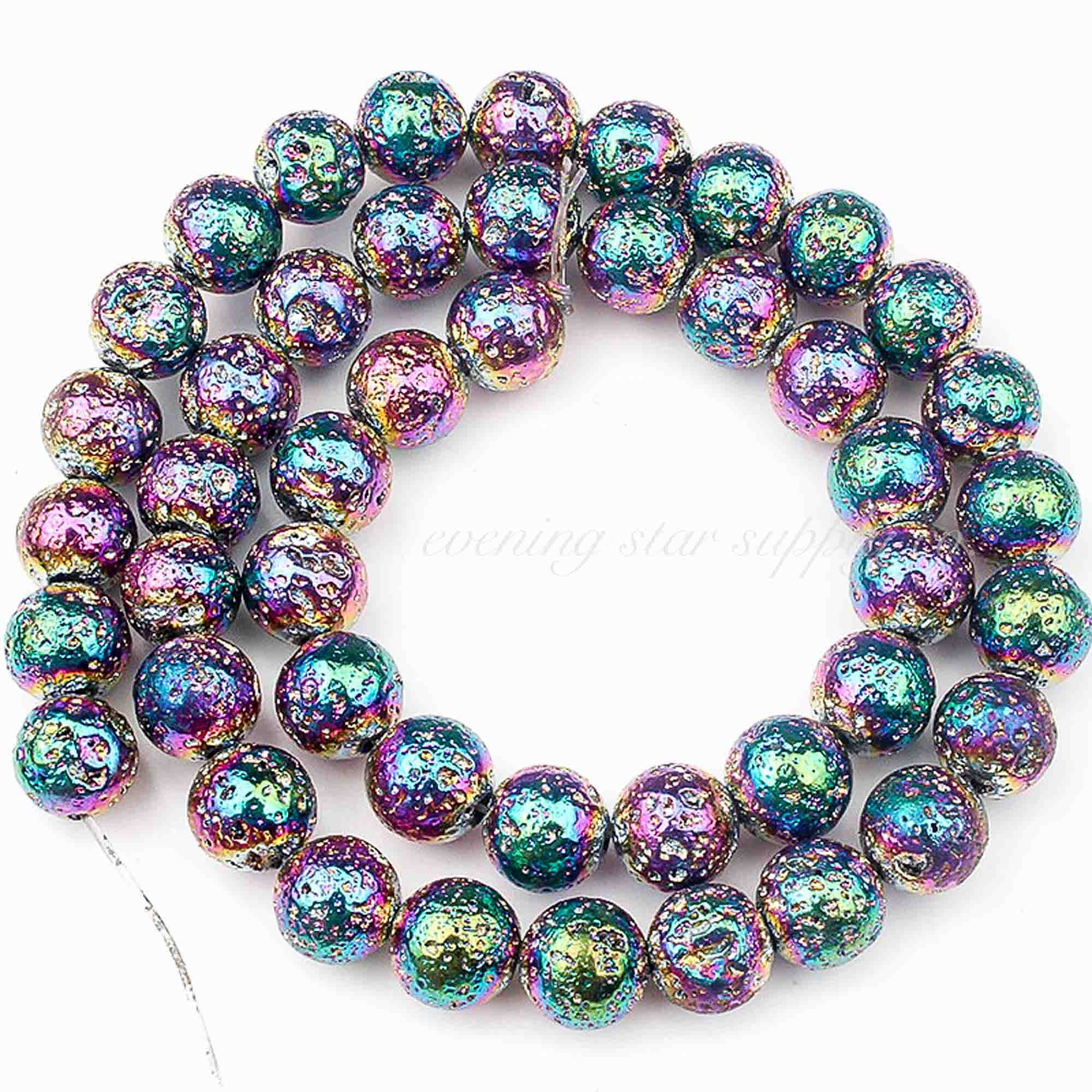 Multicolor Round Plated Lava Rock Volcanic Stone Beads For Jewelry Making 15"DIY 