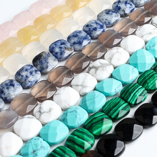 Genuine Gemstone Beads, Faceted Square Beads, 12x12mm 17 Pieces Howlite, Sodalite, Malachite, Rose Quartz, Moonstone, Black Agate, Turquoise