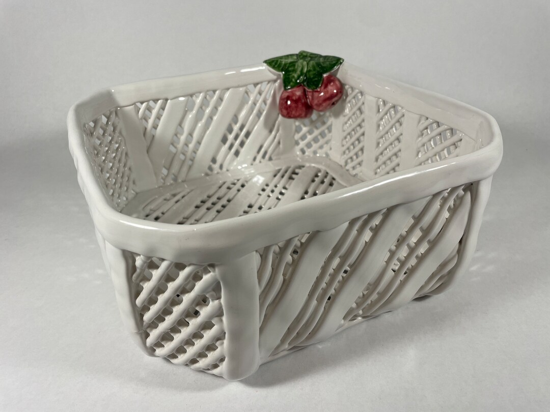 Fruit Bowl, Vintage White Basket Weave Fruit Bowl With 2 Cherries in
