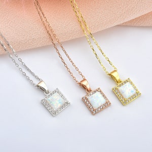 14K Gold Square Opal Pendant, Dainty Opal Necklace, Gold Opal Necklace, 18K Gold Opal Necklace, Gold Chain Pendant, Bridesmaid Gift Necklace