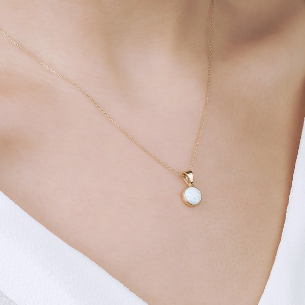 Solid Gold Opal Necklace, 18K Gold Round Opal, Dainty Opal Pendant, Bridesmaid Gold Opal Necklace, Opal Gift Pendant, 14K Gold Chain Pendant